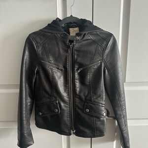 We The Free Free People Black Vegan Leather Jacket with Hood